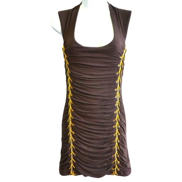 Sky Dresses & Skirts - Sky Brand Y2K Ruched Bodycon Brown Mini Dress Goldtone Chain Detail Scoop Neck M